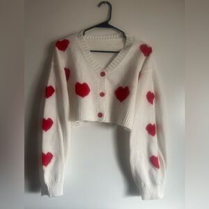 Cropped White Cardigan with Red Heart Motif